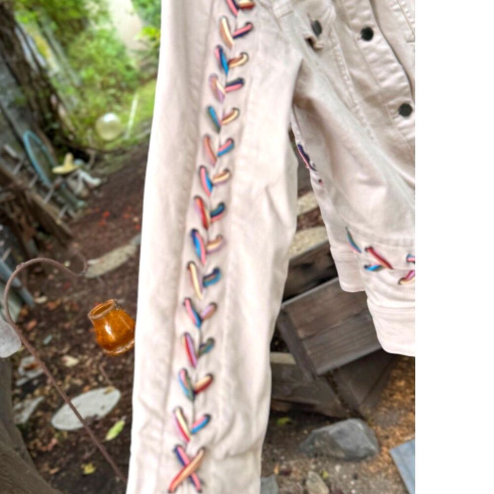 Peace Love World Cotton Beige Denim Jacket MultiColor Baseball Weave Detail SZ L - Picture 6 of 13